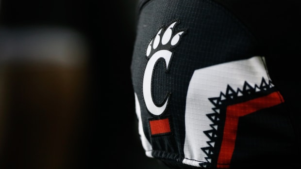 Sep 5, 2015; Cincinnati, OH, USA; A detailed view of the Cincinnati Bearcats logo on a jersey at Nippert Stadium. The Bearcats won 52-10. Mandatory Credit: Aaron Doster-USA TODAY Sports